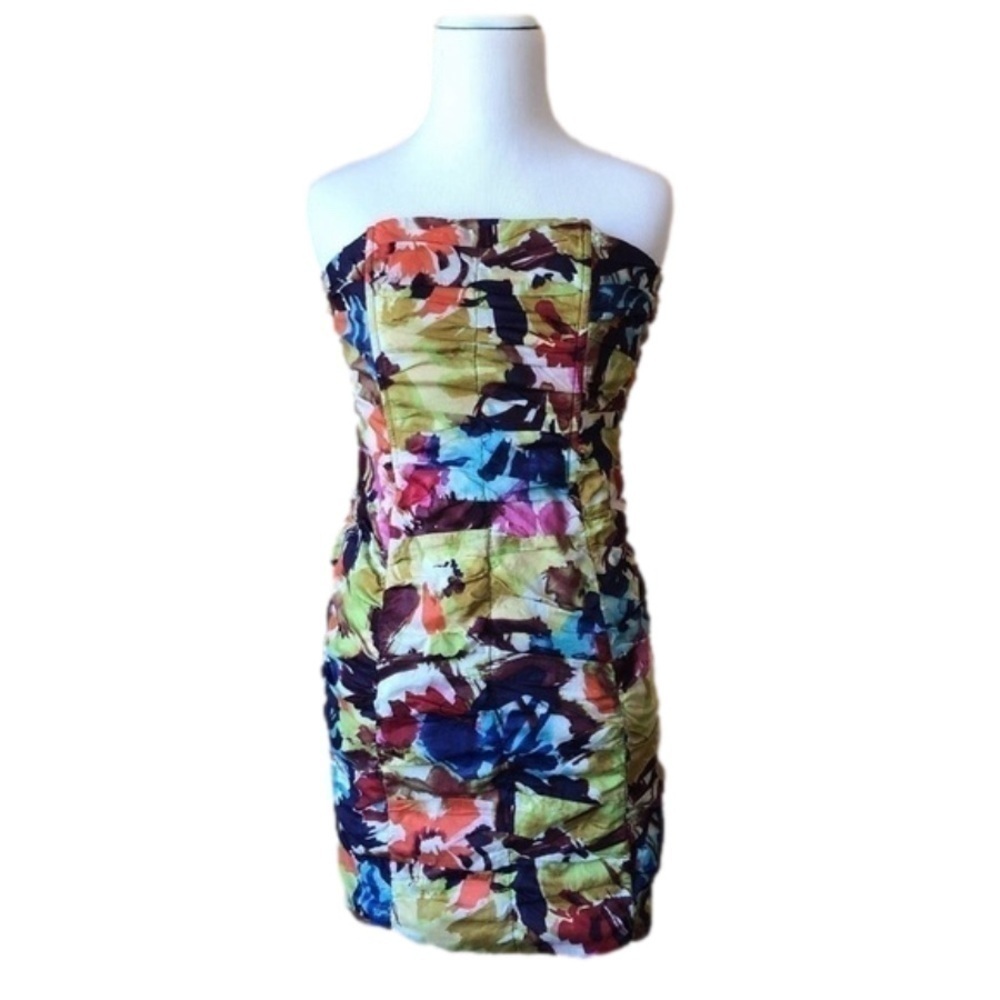 BB Dakota Ruched Abstract Floral Strapless Cotton Dress Size 4